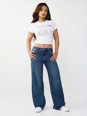 True Religion Bobbi Mid Rise Baggy Jeans Women’s Size 30 Logo Pockets Wide Leg